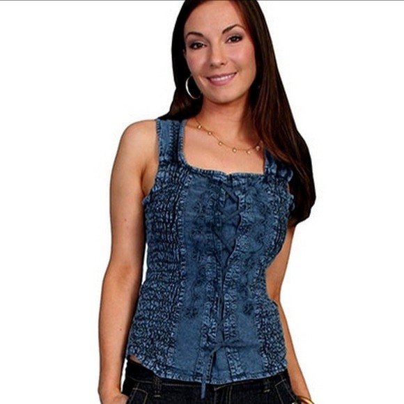 Scully Western Denim Blue Tank Top Smocked Waist Square Neck - Picture 1 of 6